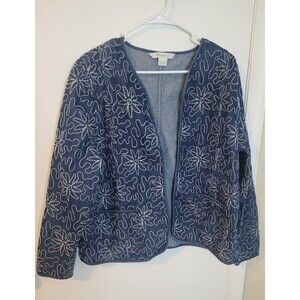 Women's Tanjay Embroidered Denim Jacket Size Large Blue White Cotton Blend